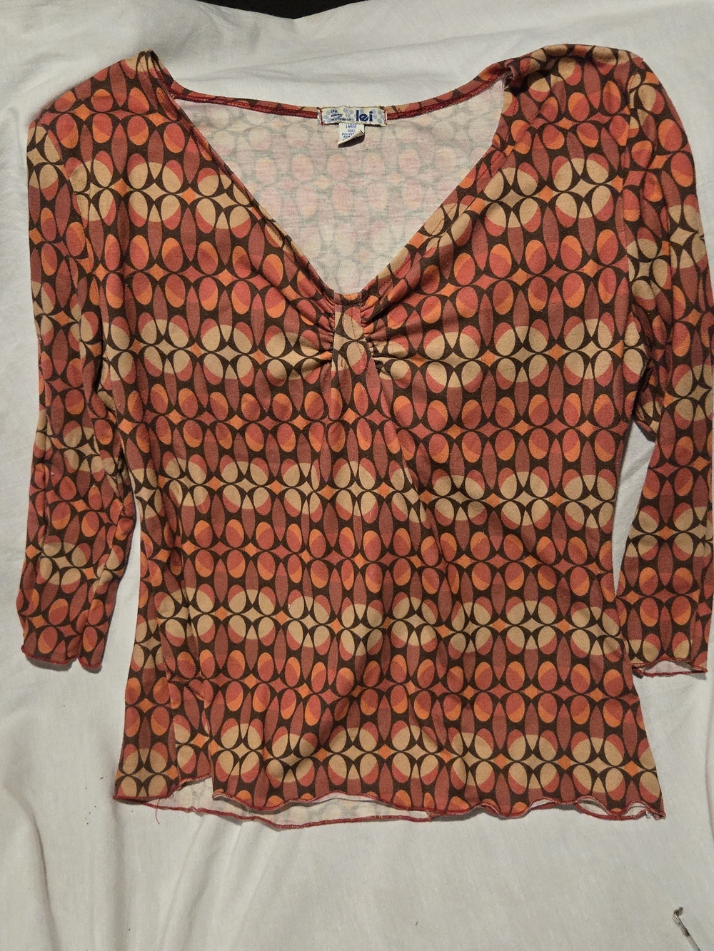 lei Orange and Tan Geometric Long Sleeve V-Neck Top